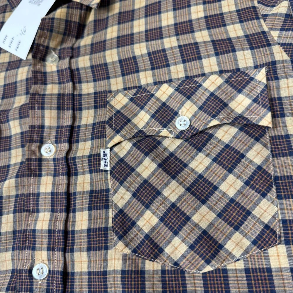 Levis Mens Plaid Long Sleeve Button Down Shirt Tan Brown Navy Workwear Medium